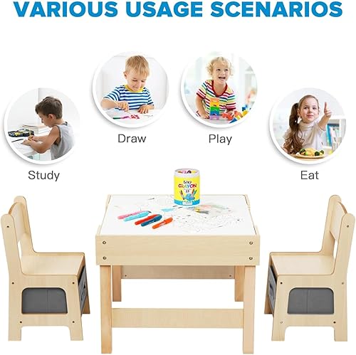 Miniatura 8 de OOOK Juego de mesa y silla 3 en 1 para niños, juego de mesa y silla para niños pequeños con mesa de doble cara y cajón de almacenamiento, mesa de