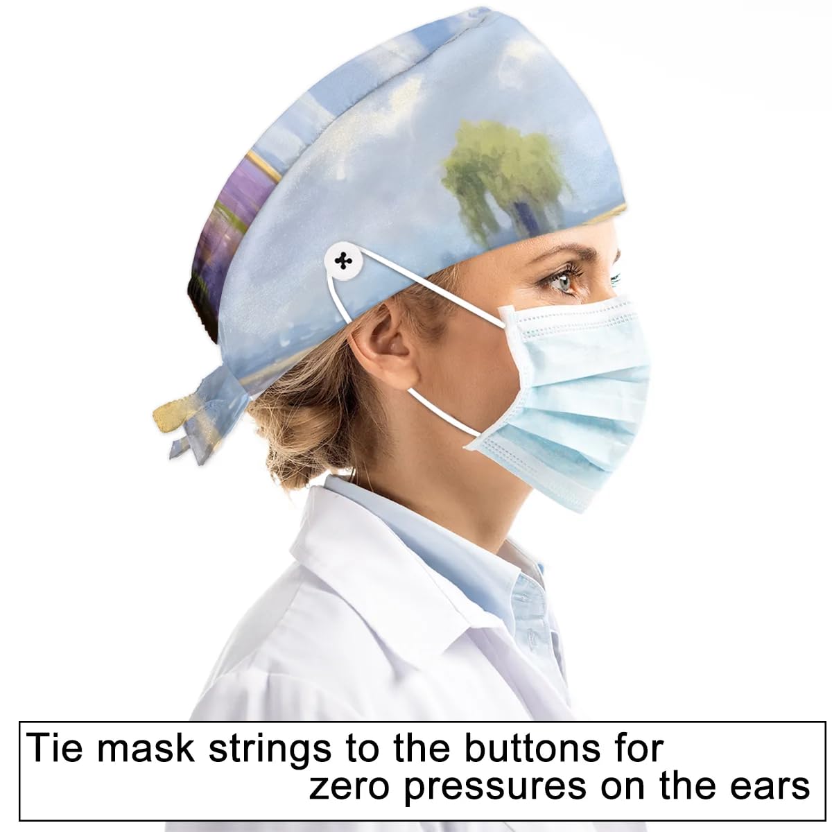 Mularoka Watercolor Windmill Flower Field Working Caps with Button Sweatband Comfortable Adjustable Bouffant Hats Work Hat for Women Men