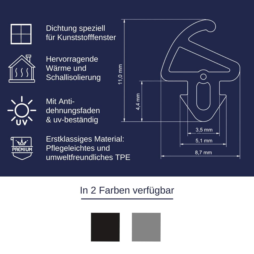 Anschlagdichtung Fenster schwarz, grau, Fensterdichtung Nut 5,1 mm, Dichtung mit Antidehnungsfaden, witterungsbeständig, langlebig (Schwarz, 10m)