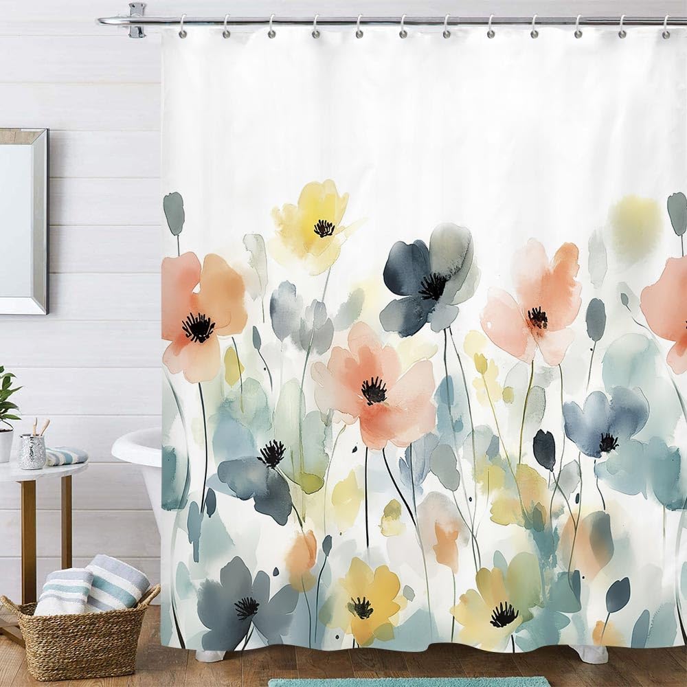 Boho Floral Shower Curtain, Watercolor Flower Wildflower Fabric Bathroom Curtains, Romantic Plants Nature Scenery Decoration Curtain Set with Hooks, 72 x 84 inch