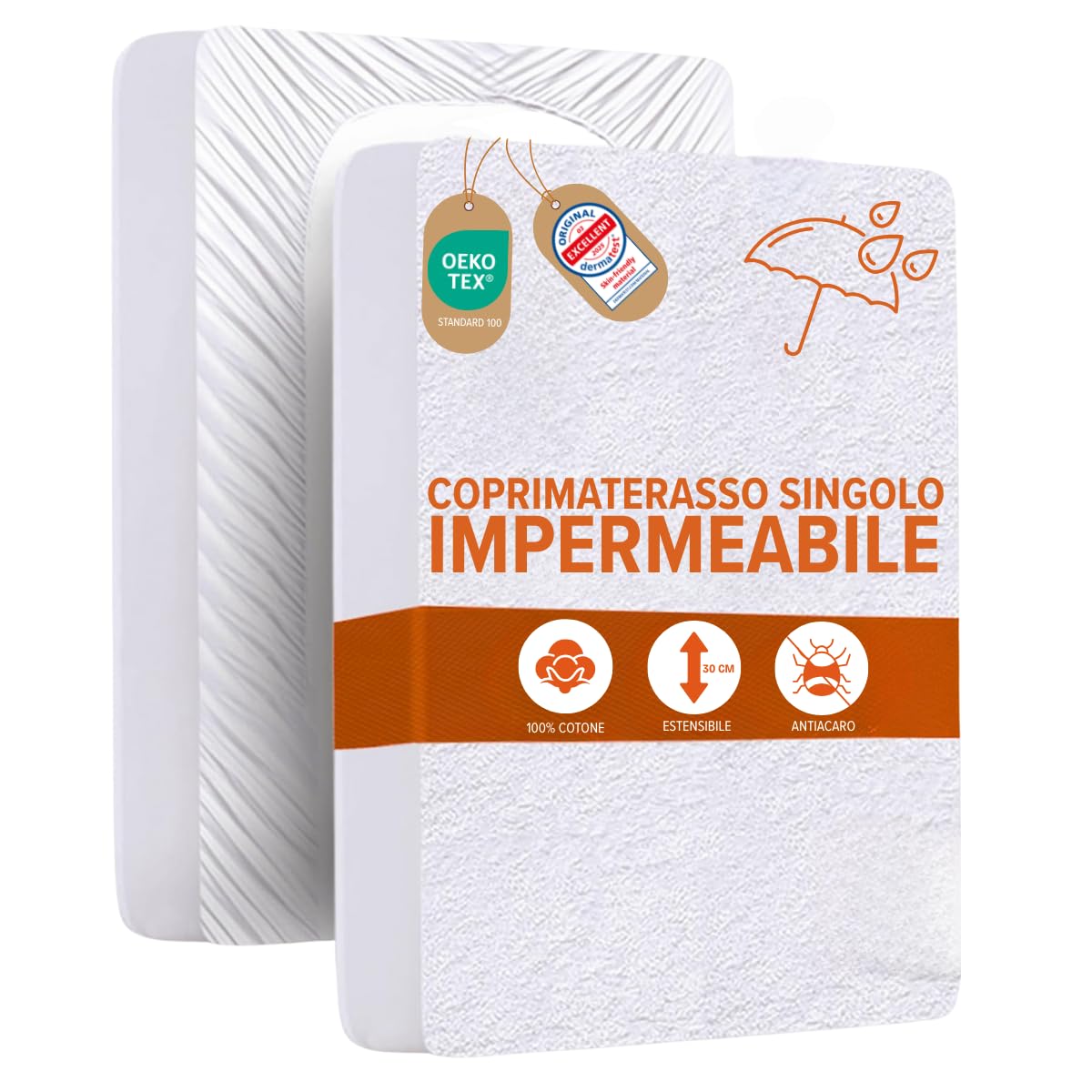 Dreamway - Coprimaterasso Singolo Impermeabile 80 x 200 x 30 cm, Morbido, Certificato OEKO-TEX, Proteggi Materasso, Traspirante, Lavabile a 60°C, Stile Montato Tutto Intorno Elastico