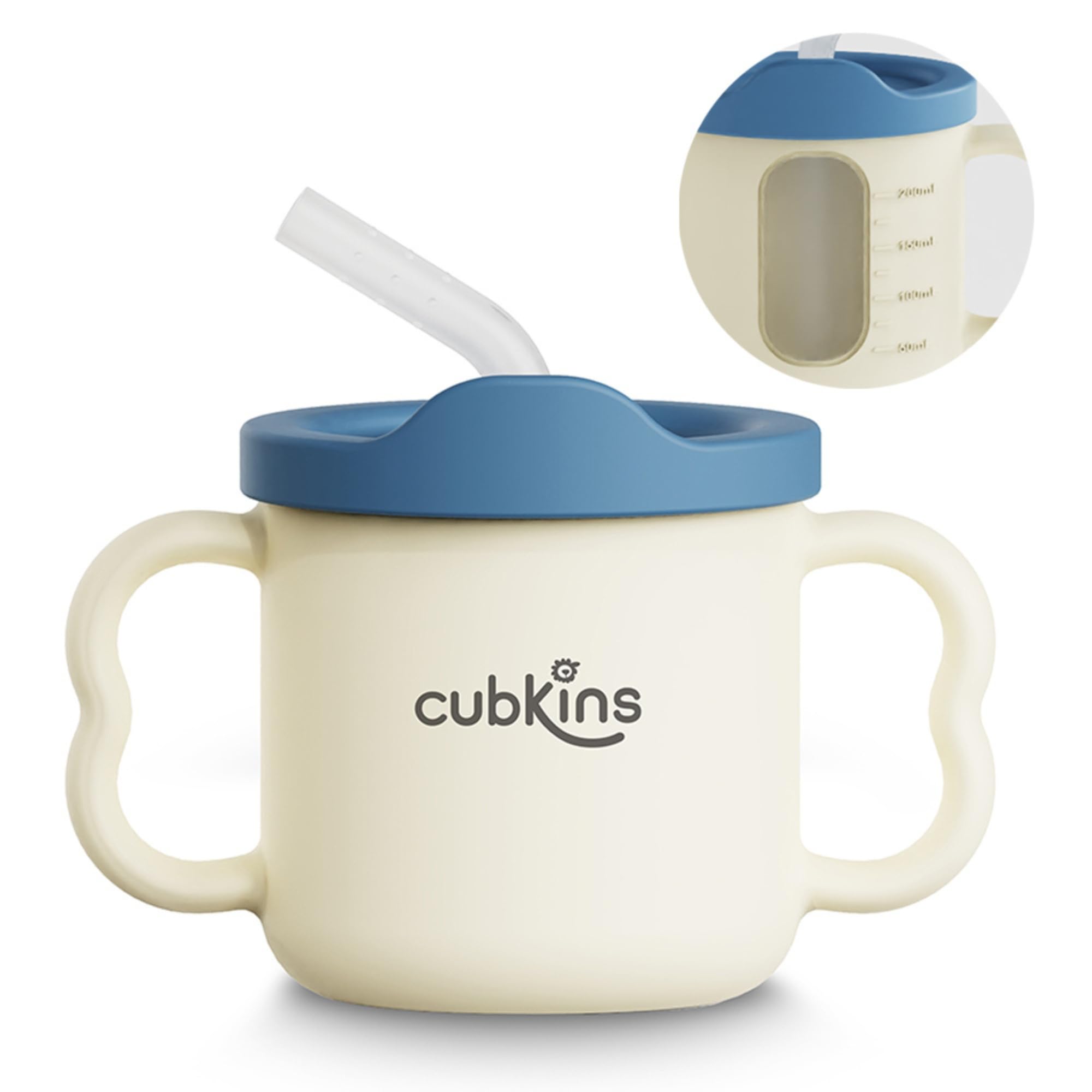 CUBKINS Silicone Sippy Cup with Soft and Durable Straw Training Cup for Babies | Transparent Measuring Level Cup with Lid for Toddler and Kids (White-Blue Olive)-picture-29