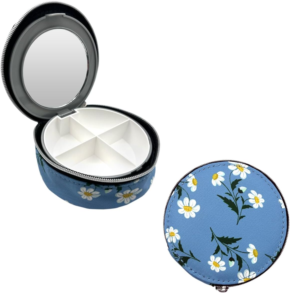 Ezy Dose Travel Pill Organizer with Built-in Mirror, Zipper Daisy Case