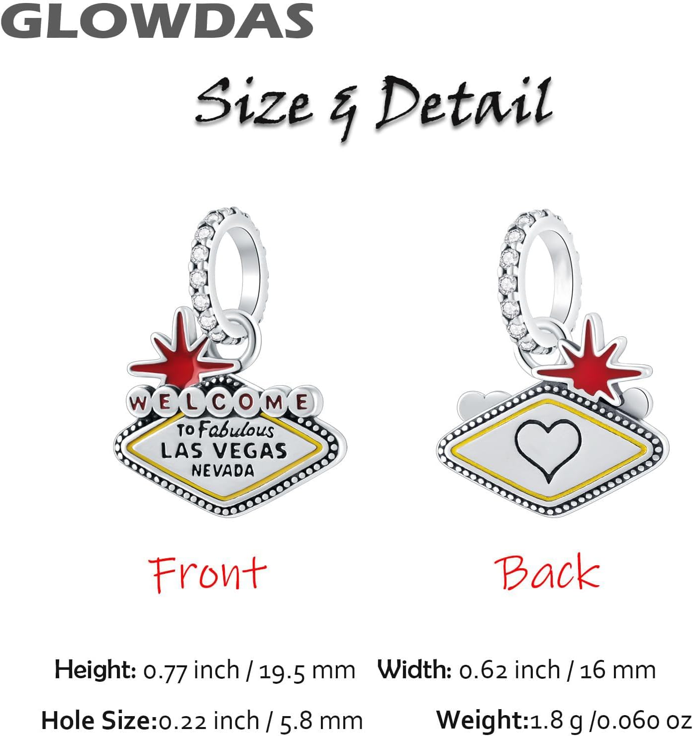 2026 Welcome to Las Vegas Nevada Pendant Charms fit Pandora Heart Bracelet | Pave Sparkle CZ, Enamel Sterling Silver Dangle Bead, Travel Landmark, Gifts for Vacation, Birthday, Graduation