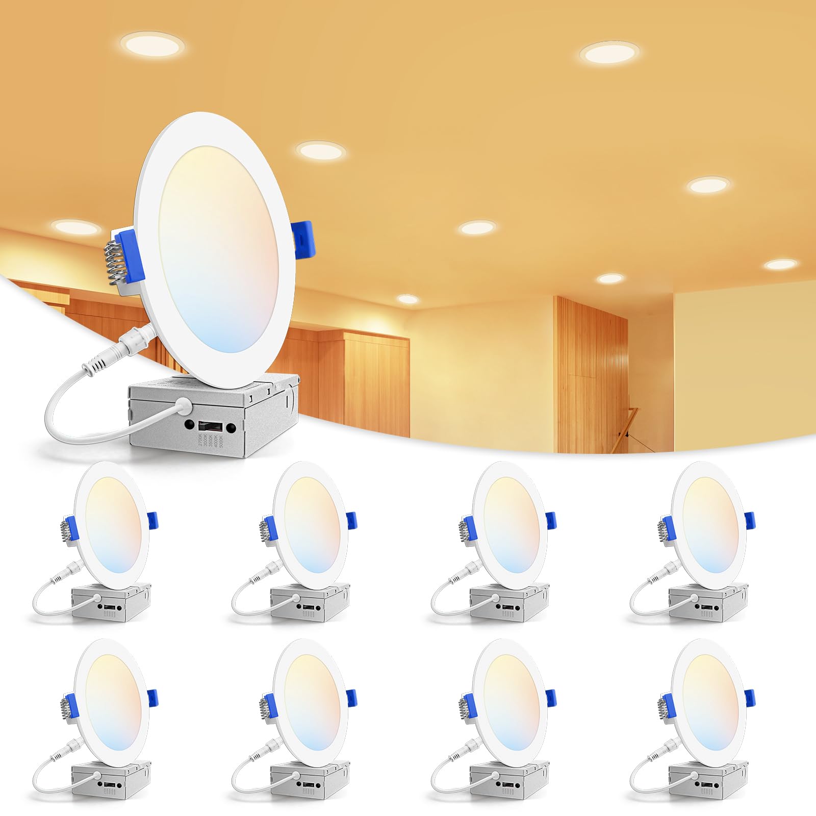 VOLISUN 8 Pack 6 inch Recessed Lighting, 5CCT LED Recessed Light with Junction Box, 2700K-5000K Selectable, 13W Eqv 120W, 1080LM Dimmable Canless Wafer Downlight, LED Ceiling Light ETL Certificated White 6 INCH