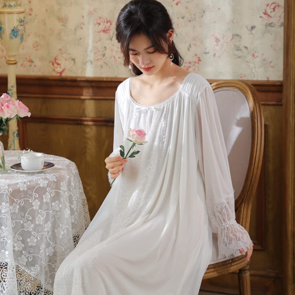 Nachthemd,Damen-Nachthemden Weißer Rundhalsausschnitt Schleife Spitzennähte Elegantes Schlafhemd Weiche Bequeme Lange Ärmel Nachthemd Loungewear Für Damen Mädchen Pyjama Party Weihnachtsnachthemden
