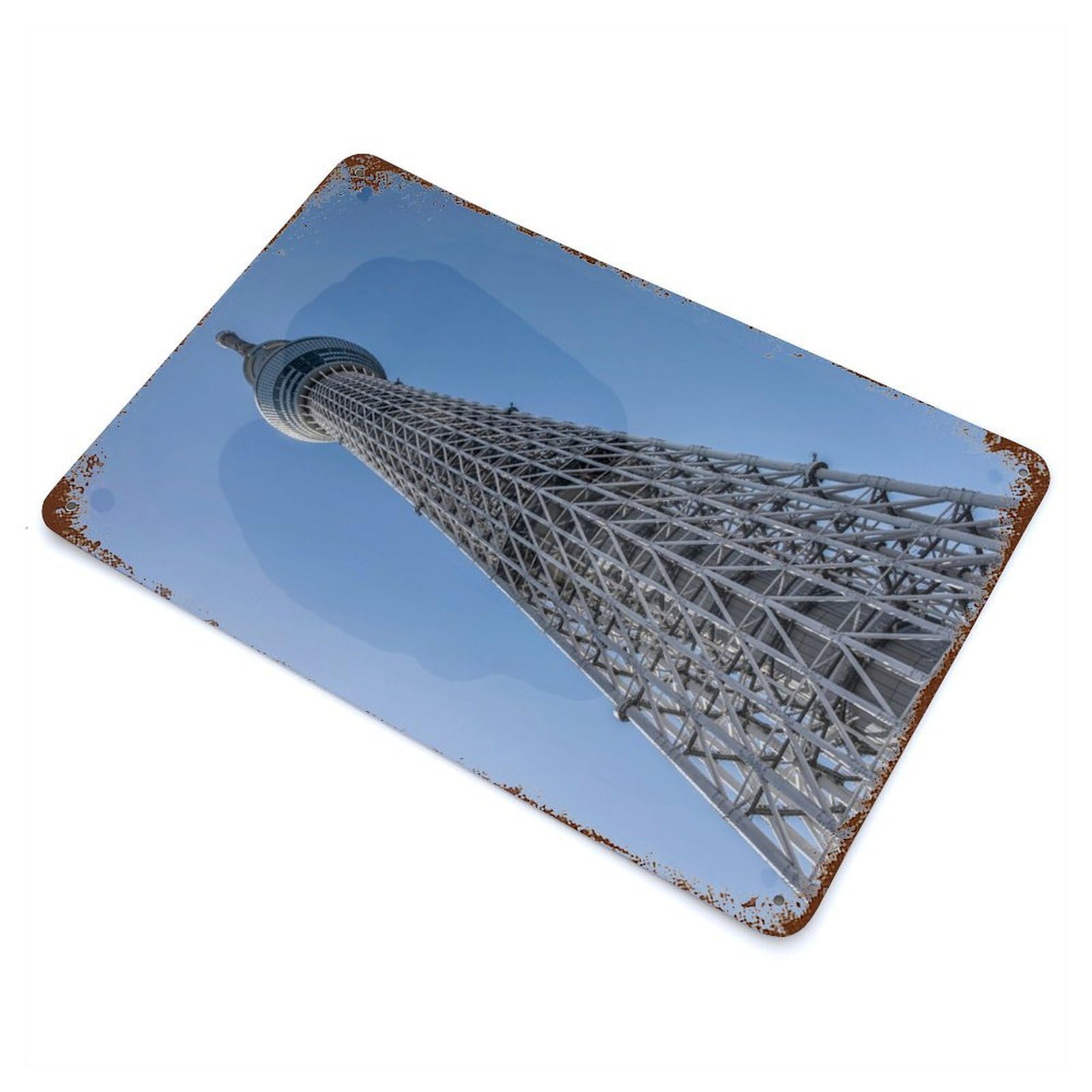 Weathered Tin Sign with Tokyo Skytree Design 11.8"x7.9", for Garage, Bar And Workshop Decor, Decorative Metal Wall Art