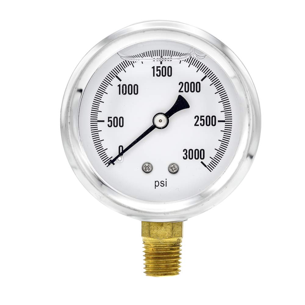 PIC Gauge S201L-254P 6,35 cm Esfera, 0/3000 psi Rango, 1/4" macho NPT Tamaño de conexión, montaje inferior individual Glicerina llenado Medidor de presión con una caja de acero inoxidable, latón internos, bisel de acero inoxidable y lente de policarbonato