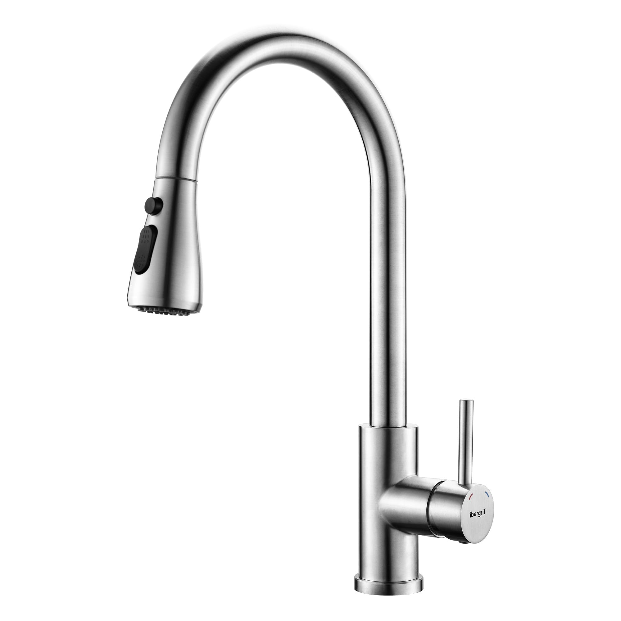 Ibergrif Kitchen Tap, Kitchen Mixer Taps with Pull Out Sprayer, 360° Swivel Single Handle High Arc Stainless Steel Kitchen Sink Tap, Brushed Nickel (M22137)