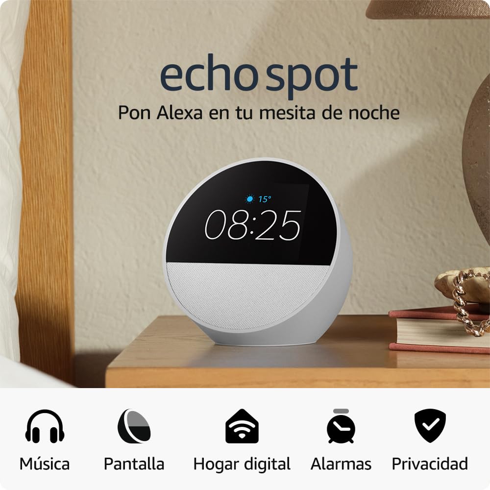 Amazon Echo Spot (última generación) | Despertador inteligente con sonido de calidad| Blanco, con Acceso Anticipado a Alexa+ con descuento