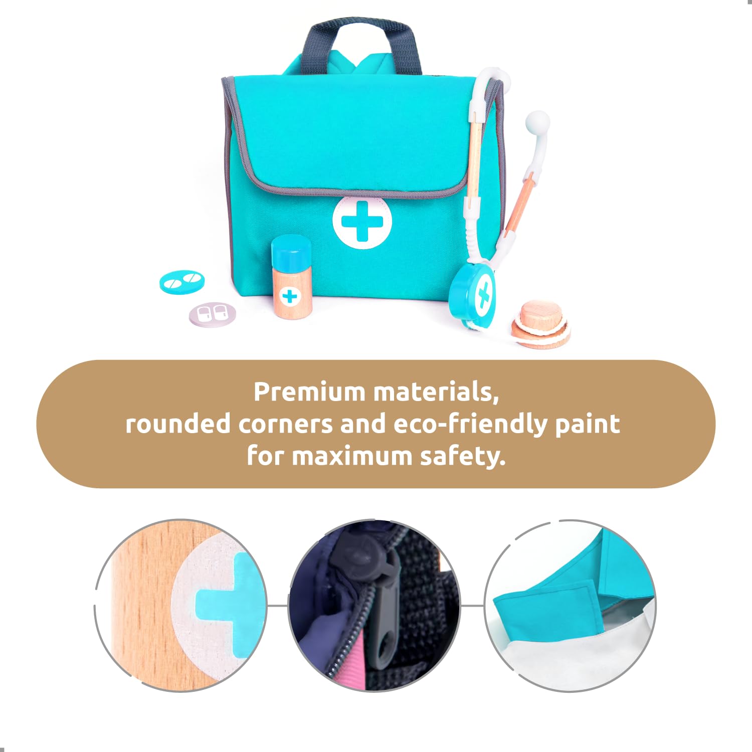 UMU® Wooden Doctor Kit for Kids, Pretend Play Set including Stethoscope, Doctor Coat, Dentist Tools & More - Image 2