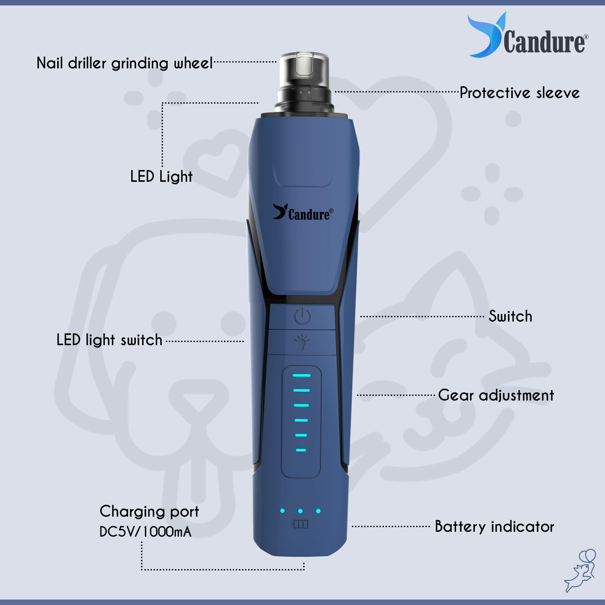 Candure Dog Nail Grinder Upto 6-Speed Dog Nail Trimmer for Large, Medium, Small Dogs, Cats & Pets - Low Noise Rechargeable Dog Claw Grinder with 360° LED Lights & Extra Grinder Head (Dark Blue) - image 8