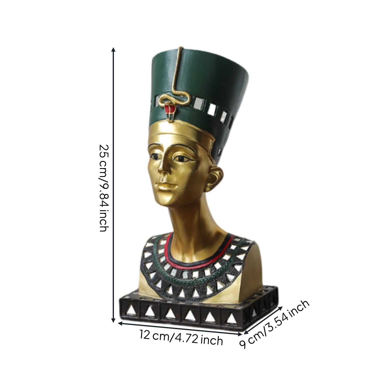 Busto Decorativo de Resina Reina del Estatua Figurilla Escultura Rostro Dorado Alto Base Cuadrada Patrón Geométrico Adecuado para Estanterías Oficina Recibidor Salón