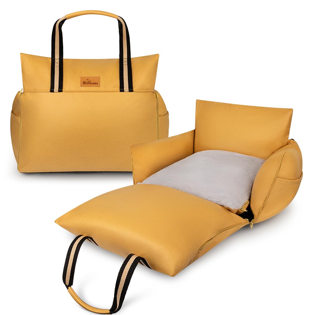 Easy to Carry Dog Bed with Handles for Small and Medium Dogs Up to 30 Lbs | Pet Carrier Travel Bed with Storage Pockets (Yellow)