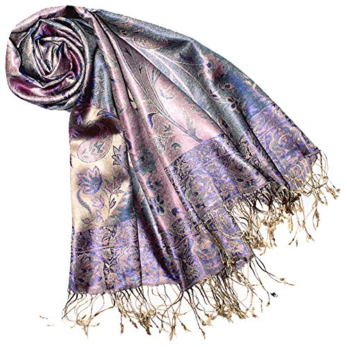 Lorenzo Cana Pashmina - Pañuelo de seda (70 x 190 cm), diseño de cachemira de seda, Color lila y dorado., Talla única