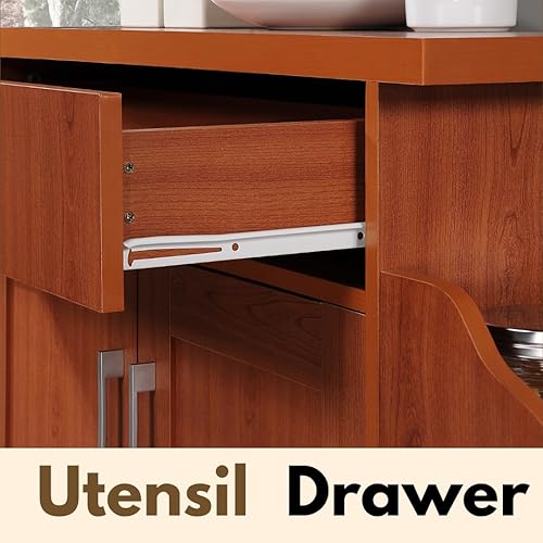 Miniatura 26 de Hodedah Carrito de isla de cocina de madera rodante con estante para especias, toallero, cajón de utensilios y gabinete, blanco con tapa de haya