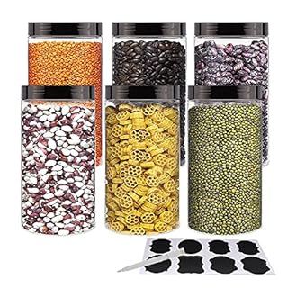 YBCPACK 6 Pack 1000ml Large Wide-Mouth Clear Plastic Storage Jars with Lids & Rewritable Chalk Labels - BPA Free, Food Safe PET Containers for Kitchen & Pantry Organisation