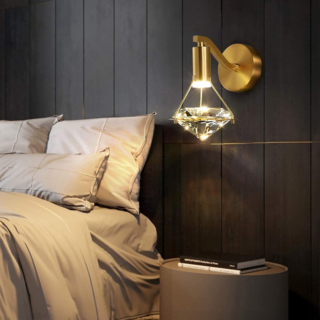 Kryształowa lampa ścienna LED kryształowa diamentowa lampa ścienna 3W ściemnialna lampka nocna 3000K-6000K, mosiężna lampa, nowoczesne oświetlenie wewnętrzne