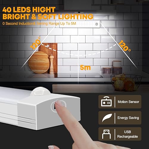 Miniatura 4 de Luces para debajo del gabinete, sensor de movimiento, recargable, 40 LED, atenuación inalámbrica, luz nocturna para interiores, encendidoapagado