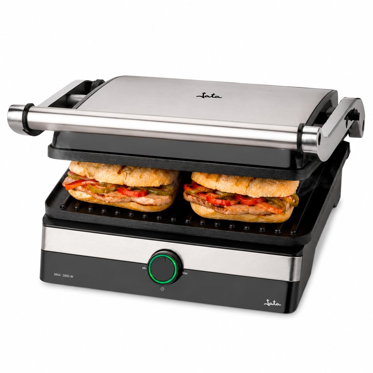 JATA JEGR1596 - Parrilla Electrica y Grill con placas rayadas antiadherentes de 29 x 23,6 cm. 2000 W. Cocina todo tipo de alimentos. Apertura 180º. Tapa superior basculante. Bandeja recogesalsas