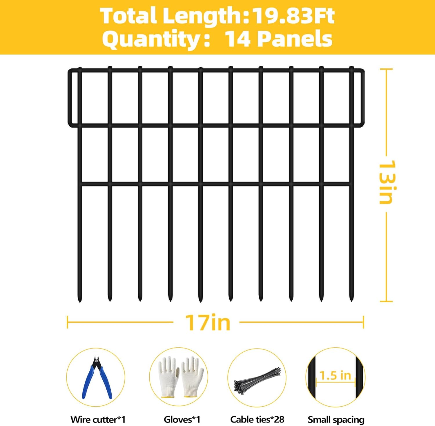 ULIOK 14 Panels Garden Fence Animal Barrier, Animal Barrier Fences No Dig Fence, 19.83ft(L) x 13in(H) Dog Fencing Rabbit Fences, 1.5in Spike Spacing Rustproof Metal Fences Border for Outdoor Yard