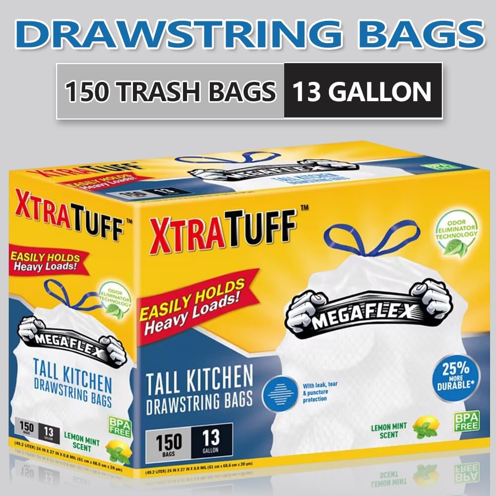 XtraTuff Tall Kitchen Drawstring Trash Bags, 13 Gallon, 150 Count, Lemon Mint Scented, MegaFlex Technology, Leak and Puncture Resistant, BPA Free