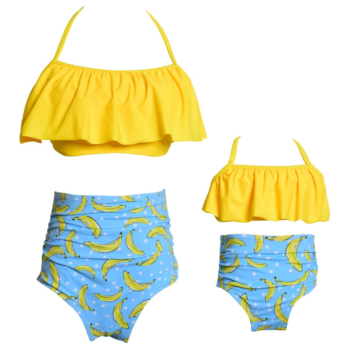Girls Kids Woman Swimsuit Ruffle Two Pieces Bikini Set Family Matching Girl Swimwear for Daughter(8-10T,Yellow/Banana#)