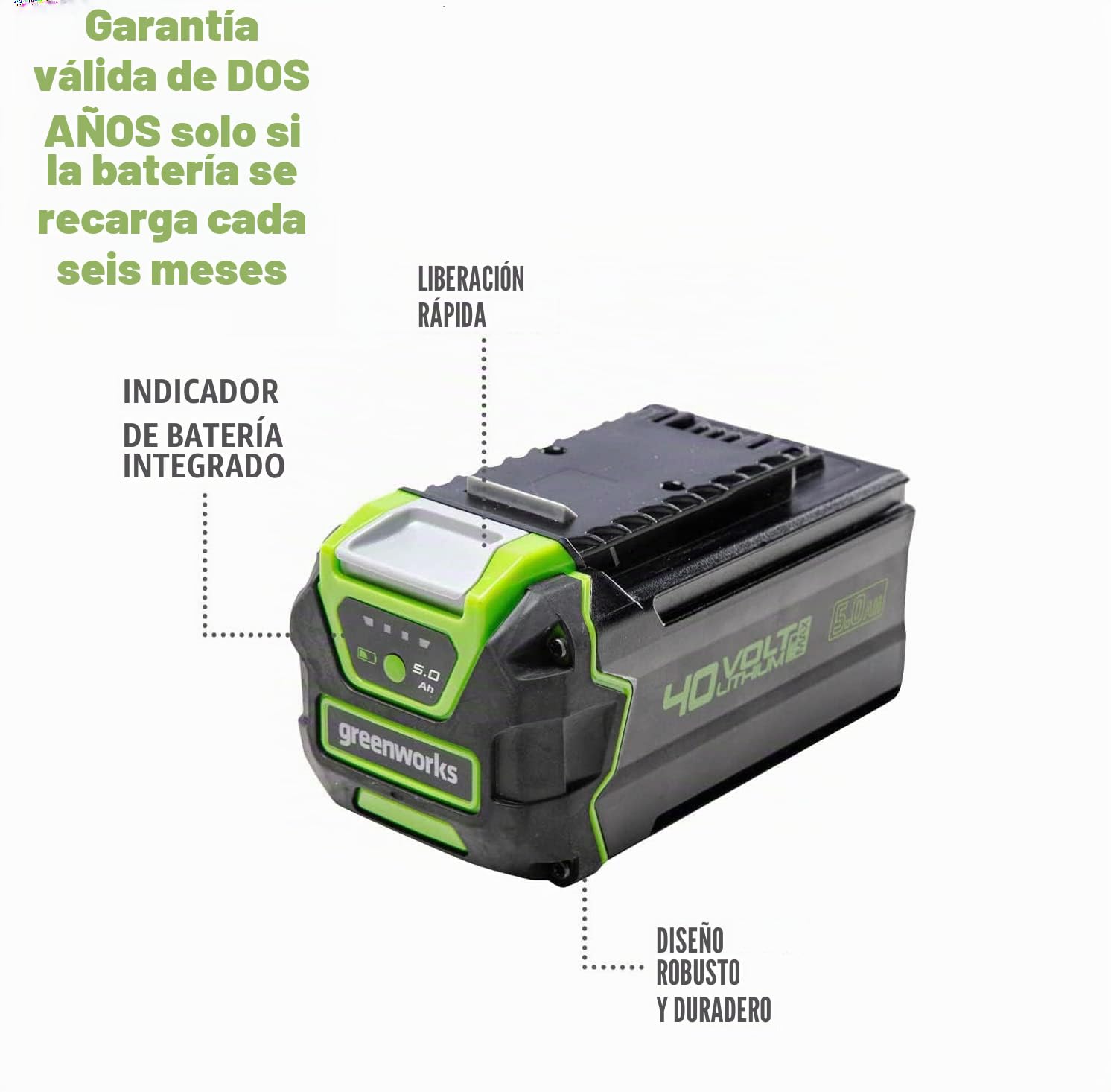 Greenworks Tools 40 V 5 Ah batería de Iones de Litio para cortacésped con batería, Cortasetos, Motosierra, soplador de Hojas