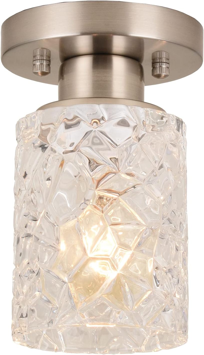 ALICE HOUSE Semi Flush Mount Ceiling Light, Clear Geometric Glass Shade, Brushed Nickel Farmhouse Lighting for Hallway, Laundry Room, Kitchen,Bathroom and Foyer AL9082-S1