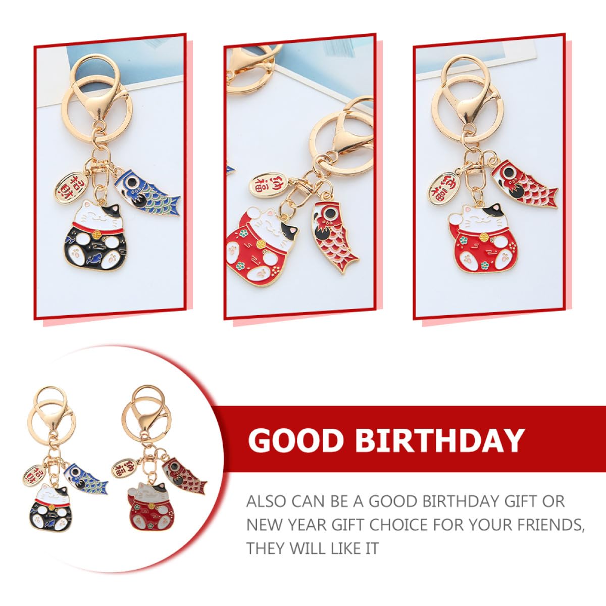 PATKAW 2 Piezas Llavero de Gato Fortuna de Aleación de Zinc Rojo, Diseño Práctico y Multiusos, Adecuado para Decoración de Mochilas Escolares y Obsequio de Cumpleaños