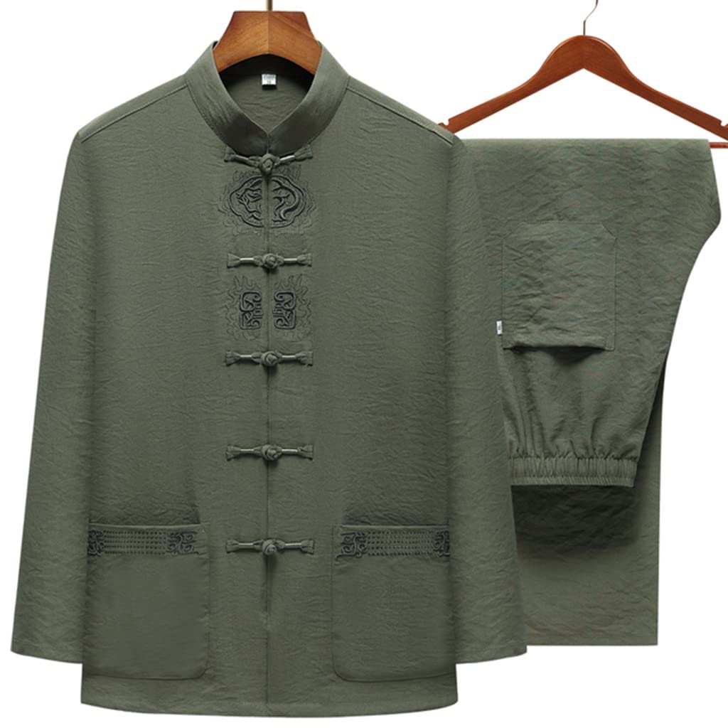 ACiyD Confortevole Abbigliamento Wu Shu in Cotone e Lino da Uomo Tradizionale Ricamo retrò Cinese Hanfu Camicia a Maniche Lunghe Pantaloni Lunghi Kung Fu Tai Chi Suit (Verde 190)