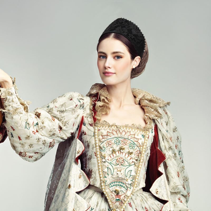 C-ZOFEK Anne Headband Velvet Pearl Tudor French Hood Gothic Renaissance Halloween Hair Accessory - Image 3