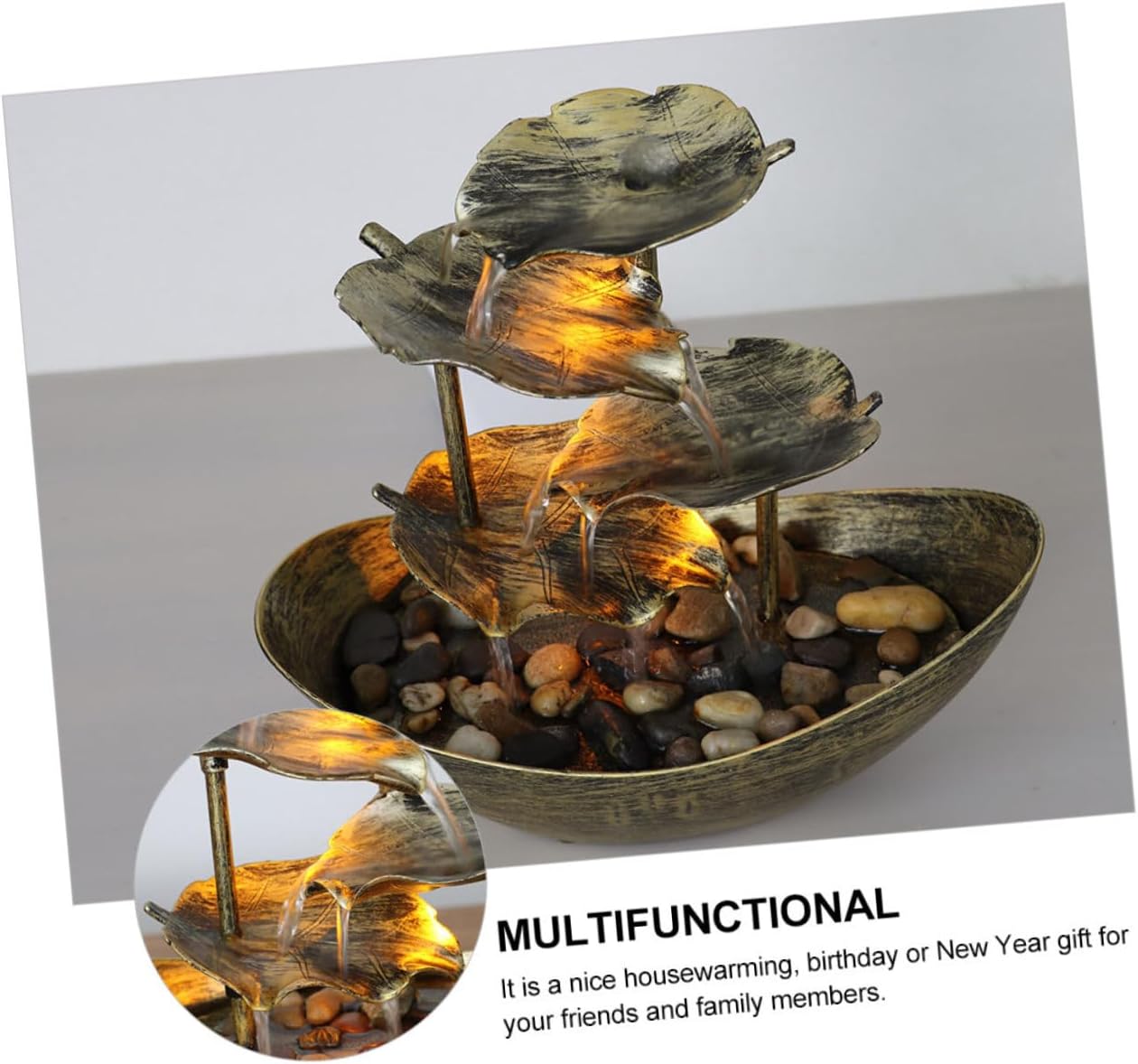 Creative Lotus Leaf Ingot Desktop Fountain with Flowing Water and LED Night Light Indoor Tabletop Ornament for Living Bedroom Office Stress-Relief Home Decor