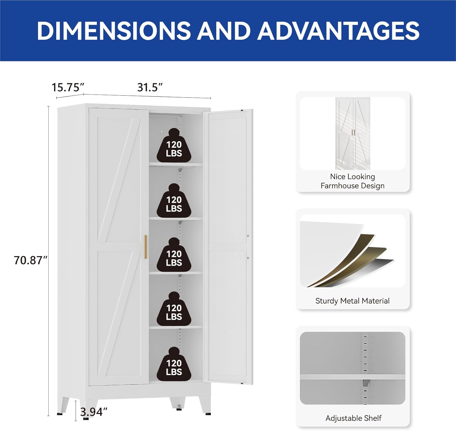 COFaR metal storage cabinet with details on high quality cold-rolled steel, water-proof/rust-proof, adjustable feet, and magnetic alignment doors.