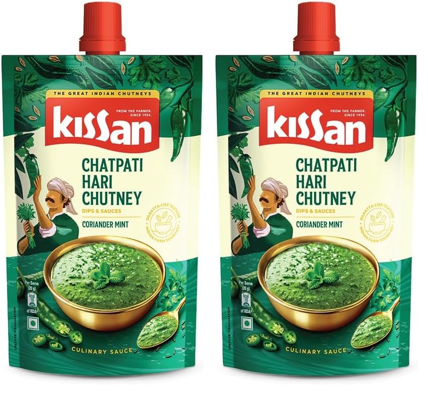 Image of Kissan Chatpati Hari Chutney, 200g, For Flavorful & Versatile Meals, With Fresh Coriander, Mint & Green Chillies, Silbatta-Like Texture, Sourced From Indian Farms, Ready To Eat (Pack of 2)