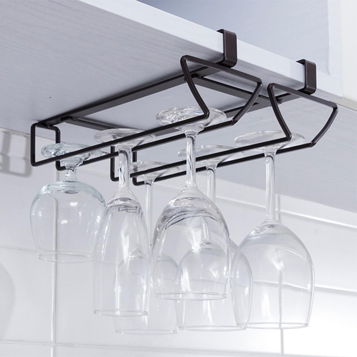 TOYANDONA Double Row Red Wine Glass Holder Iron Punch Free Under Shelf Rack