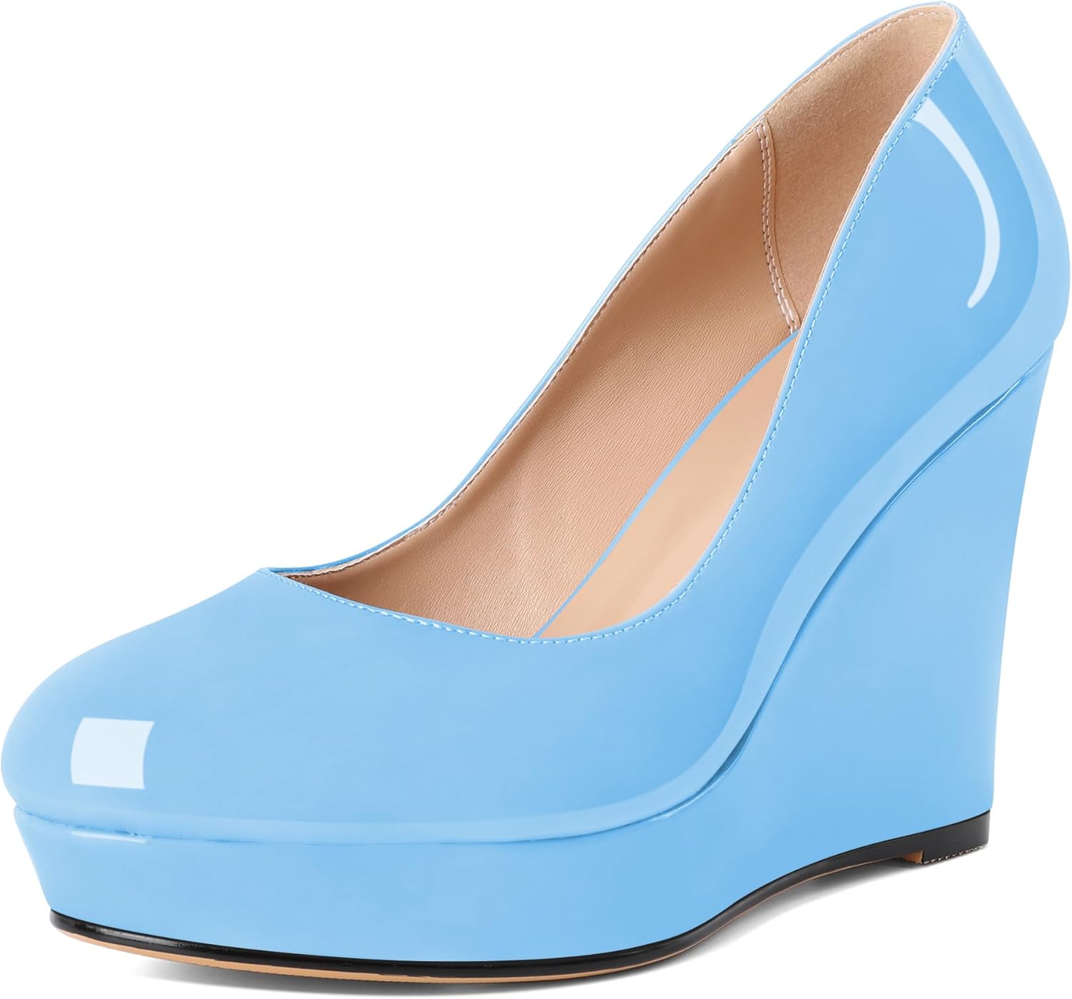 Joseywade Wedge Pumps for Women Platform Heel Round Toe Heels Slip On Wedge High Heel Dress Shoes 4 Inch