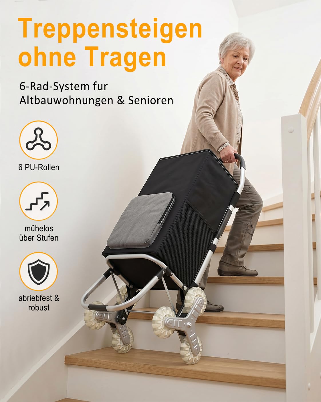 DROMEZ Einkaufstrolley Treppensteiger 50L mit Kuehlfach, klappbarer Hackenporsche mit 6 Rollen, Einkaufswagen faltbar aus Aluminium, abnehmbare Oxford-Tasche, bis 50 kg, Schwarz/Grau