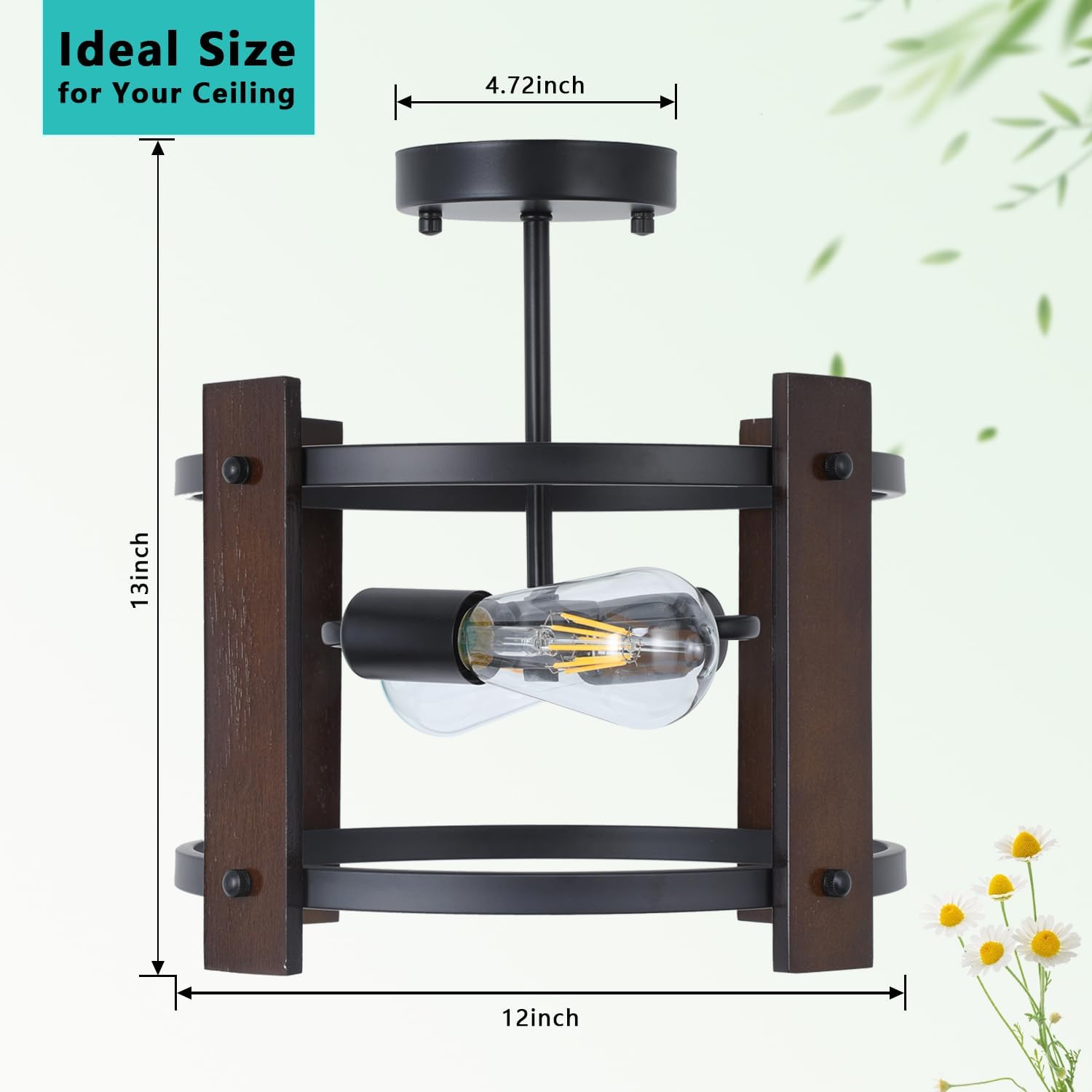 2-Light Rustic Semi Flush Mount Ceiling Light, Retro Wood Ceiling Light Fixture Black Metal, Industrial Farmhouse Ceiling Lamp for Living Room Entryway Bedroom Balcony Farmhouse Dining Room