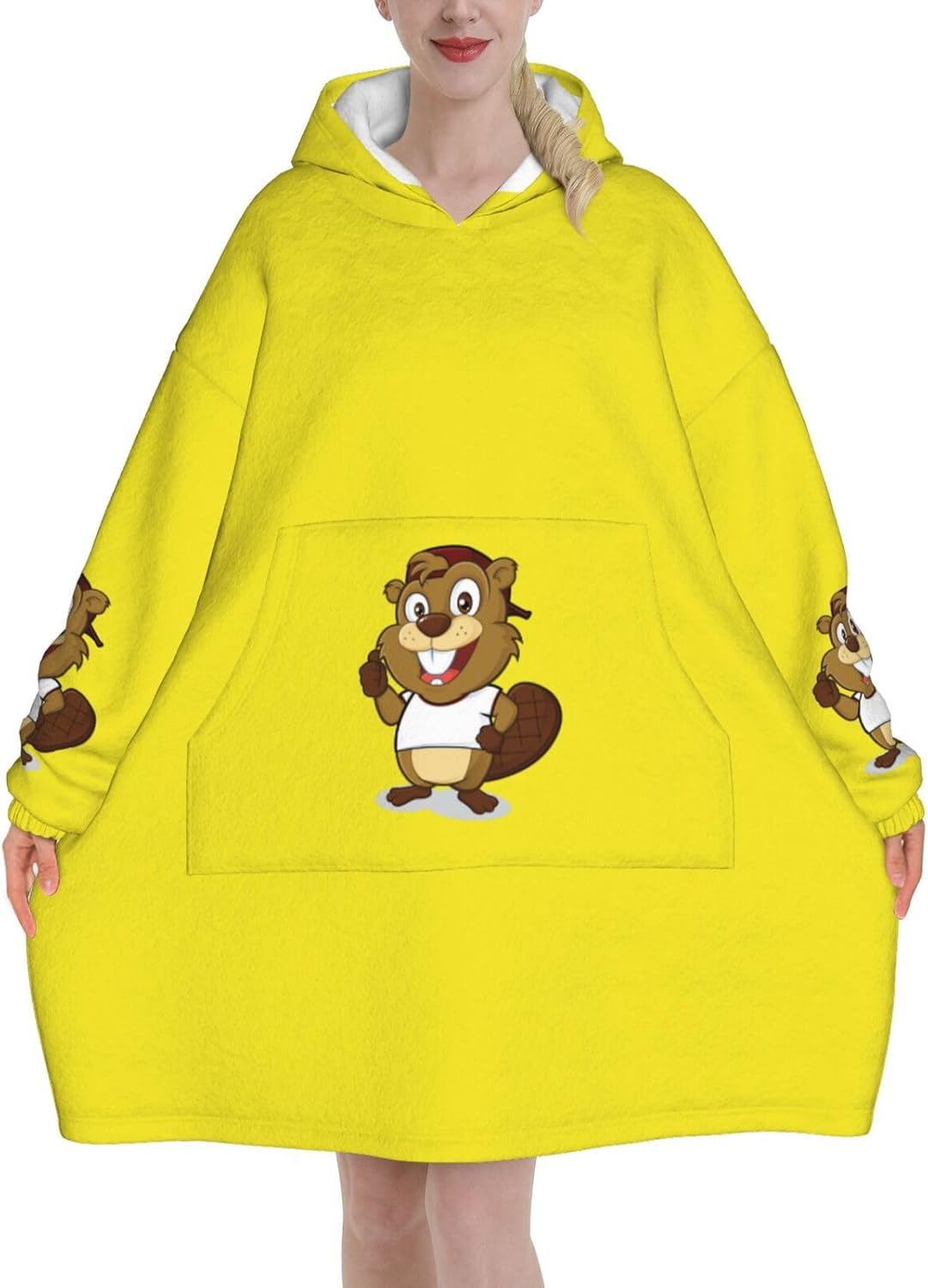 MUSM Naughty Beaver Print Blanket Hoodie Fleece Sweatshirt Blanket With Sleeves And Pockets