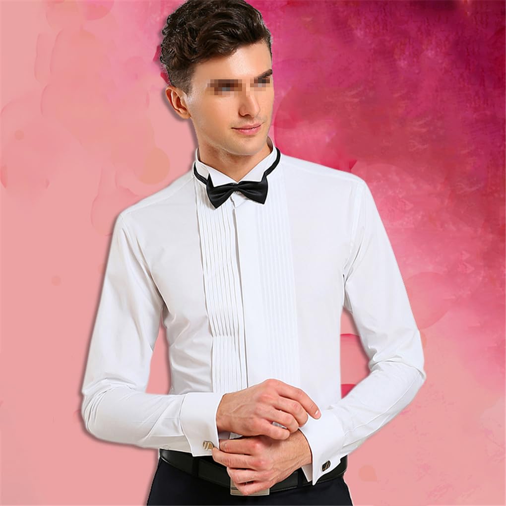 keusyoi Camicia da Smoking da Uomo A Maniche Lunghe da Uomo con Polsini alla Francese, Camicie da Sposa con Papillon Rosso Nero