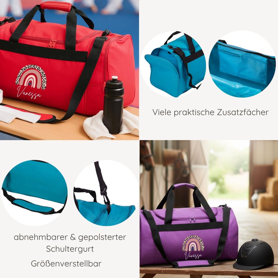 minimutz Kindersporttasche personalisiert Regenbogen, Reisetasche Mädchen groß, Sporttasche Rainbow Leo-Print Kinder mit Name 26L (dunkelblau)