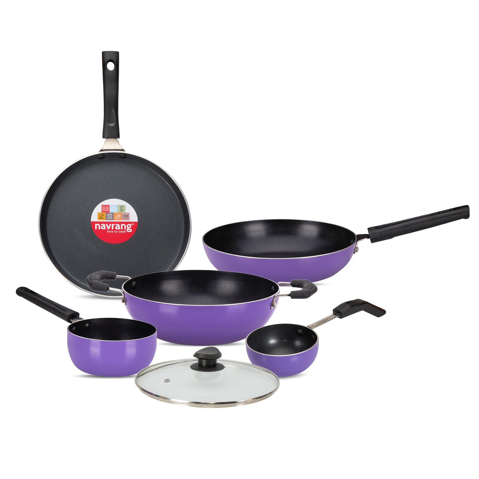 NAVRANG Non Stick Cookware Set of 5 Pcs | Nonstick Dosa Tawa 26 cm, Frypan 22 cm, Sauce Pan 16cm & Kadhai 22cm with Lid | Non-Induction - Purple (Combo - 3) (B0D54FP457) Amazon Price History, Amazon Price Tracker
