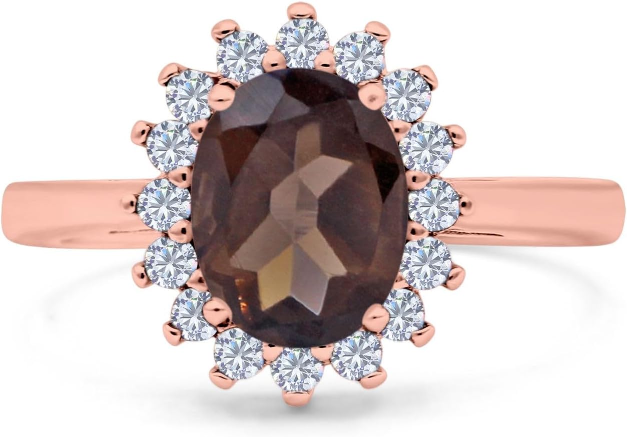 OMRANII Art Deco Oval Natural Chocolate Smoky Quartz Vintage Style Floral Halo CZ Wedding Engagement Ring For Women 925 Sterling Silver Gifts For Her