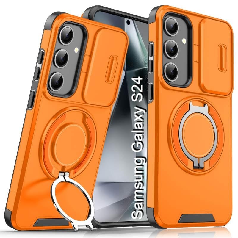 Image of LuxuryKase Shockproof Rugged Case for Samsung Galaxy S24 | Slide Camera Cover | 360 Rotating Ring Kickstand | Military-Grade Protection - Sunset Orange