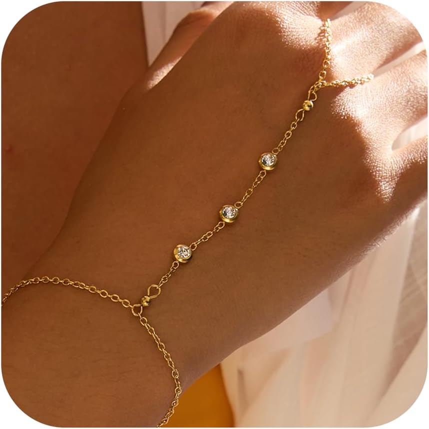 18K Gold Plated Hand Chain Bracelet for Women, Dainty Adjustable Finger Ring Bracelets Stainless Steel Non-Tarnish Trendy Summer Stackable Jewelry