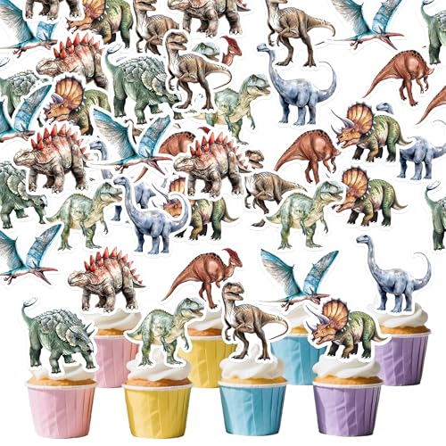 72 piezas de decoración comestible de dinosaurios para cupcakes, papel de oblea realista, diseño de dinosaurios, decoración de fiesta de cumpleaños con temática de dinosaurio, baby shower, niños y