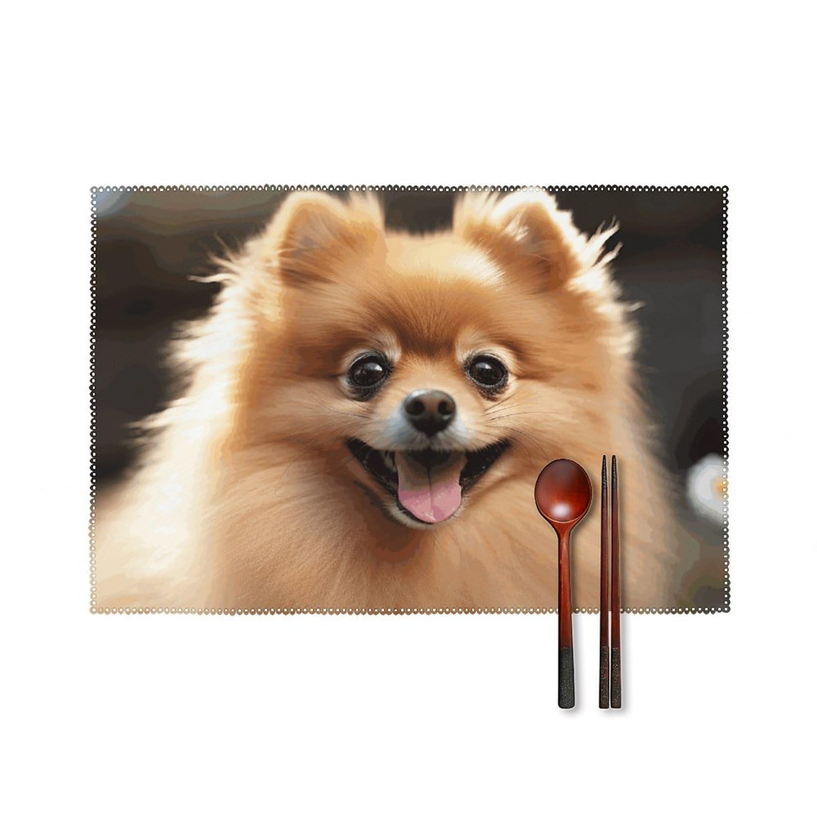 Pomeranian Dog Placemats Set of 6, 12x18 Inch Heat Resistant Washable Canvas Table Mats, Stain Resistant Decorative Dining Placemats for Kitchen, Restaurant, Outdoor Party