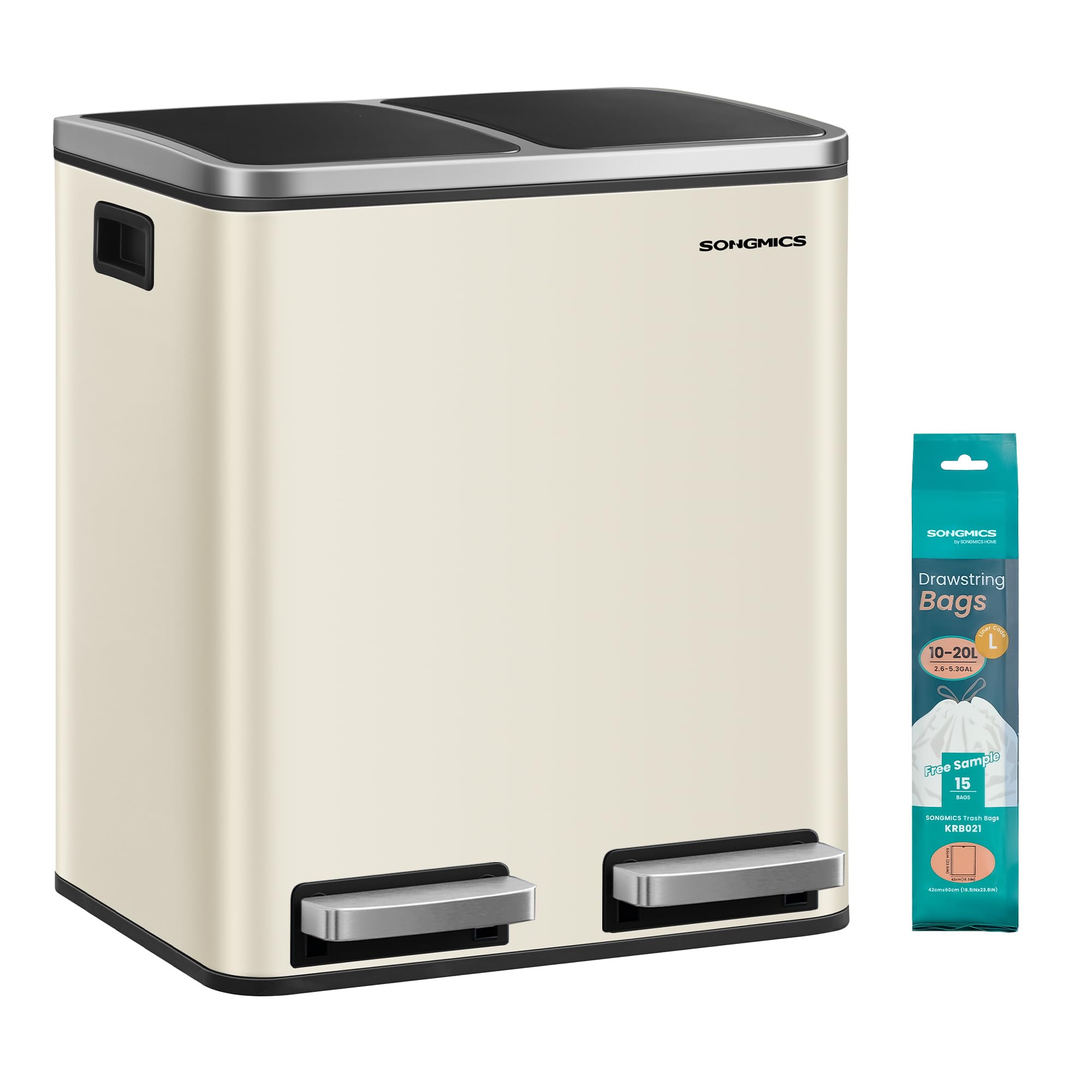 SONGMICS Mülleimer Küche, 2 x 15 Liter, Mülltrennsystem 2 Fächer, inklusive 15 Müllbeutel, Abfalleimer, Treteimer, recycelbare Abfälle, Biomüll, Softclose-Deckel, sandbeige-tintenschwarz LTB30A02