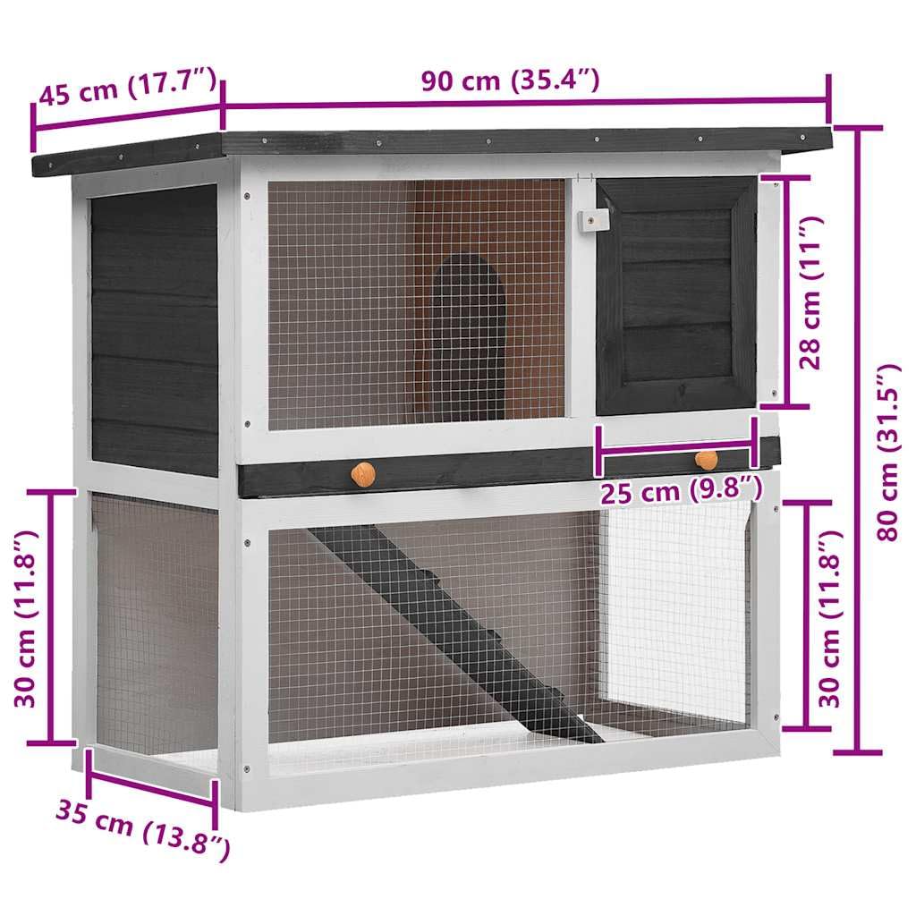 Kaninchenstall Holz Kleintierstall Grau Weiß Hasenstall mit Rampe und ausziehbarer Schublade Kleintierkäfig zweistöckig für Hasen Meerschweinchen Outdoor Indoor 90x45x80 cm
